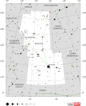 Diagram showing star positions and boundaries of the Boötes constellation and its surroundings
