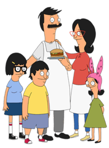 A family consisting of a mother, a father holding a hamburger, a boy, and two girls.