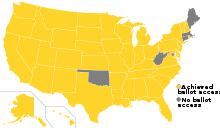 A map of the United States with all states colored yellow except Oklahoma, West Virginia, Connecticut, Massachusetts, Maine and Washington D.C.