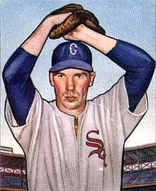 A baseball-card image of a man in a white baseball uniform with "Sox" over the left breast in red and a blue baseball cap with a white "C" on the front