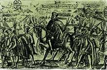 A corpulent man riding a horse, surrounded by footmen, each holding a lance