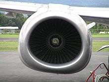 A zoomed-in view of the front of an engine nacelle: The fan blades of the engine are in the middle of the image. They are surrounded by the engine nacelle, which is seemingly circular on the top half, and flattened on the bottom half.