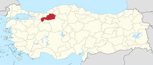 Bolu highlighted in red on a beige political map of Turkeym