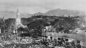 Ruined bombed out buildings near a church in Papeete after the bombardment.