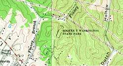 A topographic map from 1958 illustrating the location of Booker T. Washington State Park.