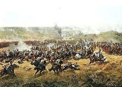 Painting shows yellow-coated cavalrymen with brass helmets at the left attacking white-coated cuirassiers at the right.