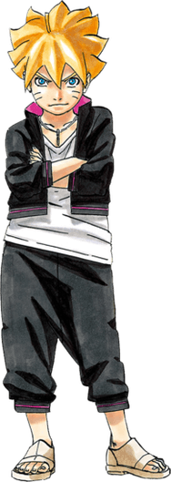 A picture of Boruto Uzumaki wearing a white and gray outlined shirt with a black and red outfit.