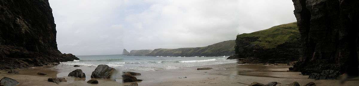 Panorama taken of Bossiney Haven on a wet day