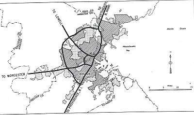 A map of the proposed highway put forth in the 1948 Massachusetts Highway Master Plan.