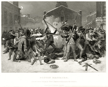 Depiction of chaotic confrontation between British soldiers and Bostonians