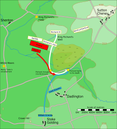 Battlefield map. Red, white and blue boxes converge to the centre of the map. Richard charges into Henry. William Stanley advances to Henry's rescue. Richard fights to his death. Northumberland and Lord Stanley remain stationary.