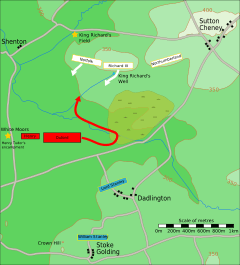 Battlefield map. Three white boxes are across the top; arrows extend downward from the left two, labelled "Norfolk" and "Richard III", but not from the right one, "Northumberland". Two red boxes are at mid-left: the smaller is "Henry", and the larger, "Oxford" has an arrow going right and then reversing up. Two stationary blue boxes near the bottom are labelled "Lord Stanley" and "William Stanley".