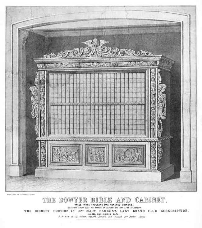 Print of a multivolume work in a decorative cabinet.