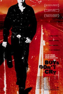 The theatrical release poster for Boys Don't Cry, showing a stylized depiction of the main character, Brandon Teena, walking along a road with the film's tagline in the background.