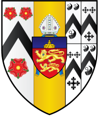 A shield blazoned as "Tierced in pale, Argent, a chevron sable between three roses gules seeded or, barbed vert; or, an escutcheon gules, two lions of England in pale or, on a chief azure Our Lady crowned seated on a tombstone issuant from the chief, in her dexter arm the Infant Jesus, in her sinister arm a sceptre, all or, ensigned with a mitre proper; quarterly, first and fourth argent, a chevron between three bugle-horns stringed sable, second and third argent, a chevron between three crosses crosslet sable."