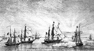 Engraving depicting several sailing warships, one of which appears to be firing its guns, with numerous other sailing vessels in the background