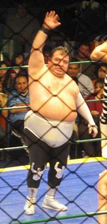 Color picture of Mexican wrestler Brazo de Oro in the ring.