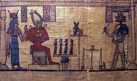 A drawing of three individuals upon a papyrus roll