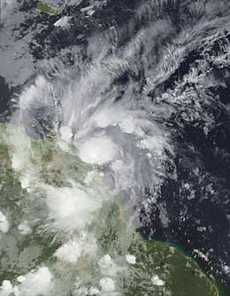 Tropical Storm Bret (02L) shortly after formation nearing Trinidad on June 19