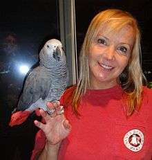 Brianne Siddall is in a red shirt. She is holding a grey parrot named Jetta