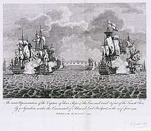 Sea scene. On the proper right three sailing ships with tattered sails and twisted masts are in group, smoke billowing from their sides. On the proper left are two more ships in a similar condition. Other ships are less distinct in the background and in the centre of the background is a large fort with cannon emplacements.