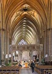 The interior of Bristol Cathedral shows the unusual pattern of the vaulting.
