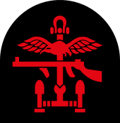 Insignia of Combined Operations units it is a combination of a red Thompson submachine gun, a pair of wings, an anchor and mortar rounds on a black backing