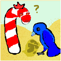 A drawing created using the BPT interface, depicting a large candy cane wearing a crown, and a large blue bird, consulting a map as they stand amid sand dunes.