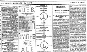 A portion of the Brooklyn Daily Eagle, January 6, 1875, showing advertisements made from "ASCII" art.