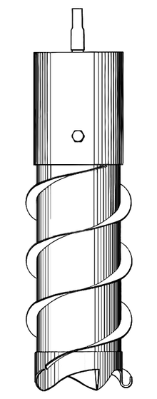 Drawing of a cylinder with two helical flanges around it and cutting teeth at the bottom