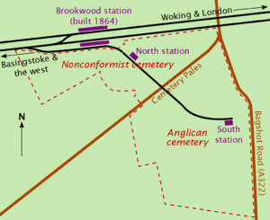 Irregularly shaped plot of land, with a railway line and station as the top boundary. A road marked "Cemetery Pales" bisects the plot of land into sections marked "Nonconformist" and "Anglican". A branch from the railway line runs through these two sections, with a station roughly in the centre of each.