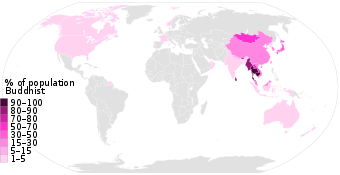purple Percentage of Buddhists by country, showing high in Burma to low in United States