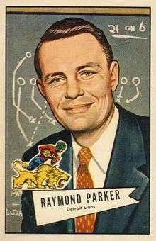 Illustration from a football card of Parker wearing a dark suit and red tie in front of a chalkboard