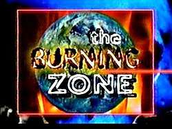 An image of the Earth with a fire in the background. The title of the series appears over the globe.