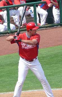 A man in a red baseball jersey and white pinstriped baseball pants holding a black baseball bat over his right shoulder