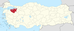 Bursa highlighted in red on a beige political map of Turkeym