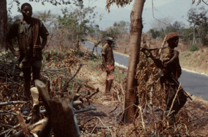 three soldiers in a wood by roadside with machine gun