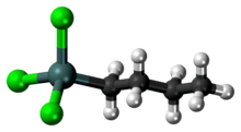 Ball-and-stick model of the butyltin trichloride molecule