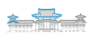 An architectural drawing of a Japanese temple with several of the sloping roofs highlighted in blue