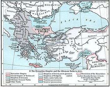 Map of the Balkans and Anatolia. The western Balkans are almost entirely dominated by Serbia, and the eastern are divided between Bulgaria and Byzantium. Anatolia is controlled by the Turks, with the Ottoman emirate in the northwest, opposite Byzantium, highlighted. Small Christian exclaves in Anatolia are Trebizond in the northeast and Armenia in the southeast. In the Aegean, most islands belong to Latin states, especially Venice.