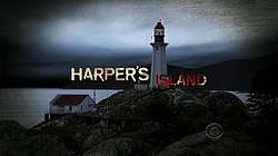 The words "Harper's Island" are separated by a lighthouse. The word "Harper's" is in white, and "Island" is blood red.
