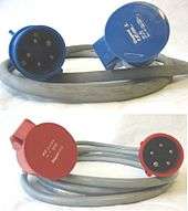 Two power cables, each with a 3P+N+E plug at one end, and a matching socket at the other end. The upper cable has blue connectors; the lower cable has red connectors.