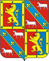 The shield from the coat of arms of the Marquis of Paraná with the arms of Neto family consisting of a golden rampant lion on an azure and red background alternating with the arms of the Carneiro family consisting of two white sheep on a red background and divided by an azure bend containing three golden fleur-de-lis