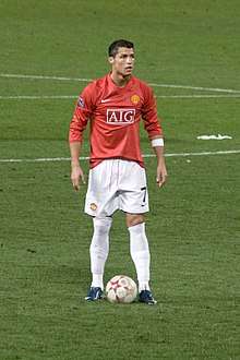 A footballer playing for Manchester United who is preparing to take a free kick