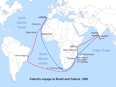 A map showing the southern Atlantic and western Indian Ocean with two routes traced which go around the southern tip of Africa