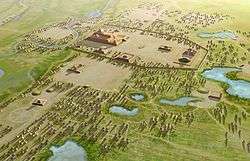 Artist's conception of the Mississippian culture Cahokia Mounds Site in Illinois.