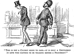 Drawing of a young man in a top hat hunched with his hands in front of him, followed by a strutting police man. The caption reads, "This is not a culprit going to gaol -- it is only a young man in love who happens to be walking before a police man."