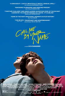 The theatrical release poster for Call Me by Your Name, showing two main characters, Oliver and Elio, leaning on each other's shoulders with the film's tagline above.