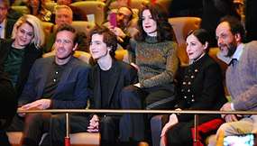 From left to right: Victoire Du Bois, Armie Hammer, Timothée Chalamet, Esther Garrel, Amira Casar, and Luca Guadagnino at the screening of Call Me by Your Name at the 2017 Berlin International Film Festival
