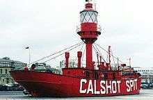 Red lightship, with "Calshot Spit" on its side